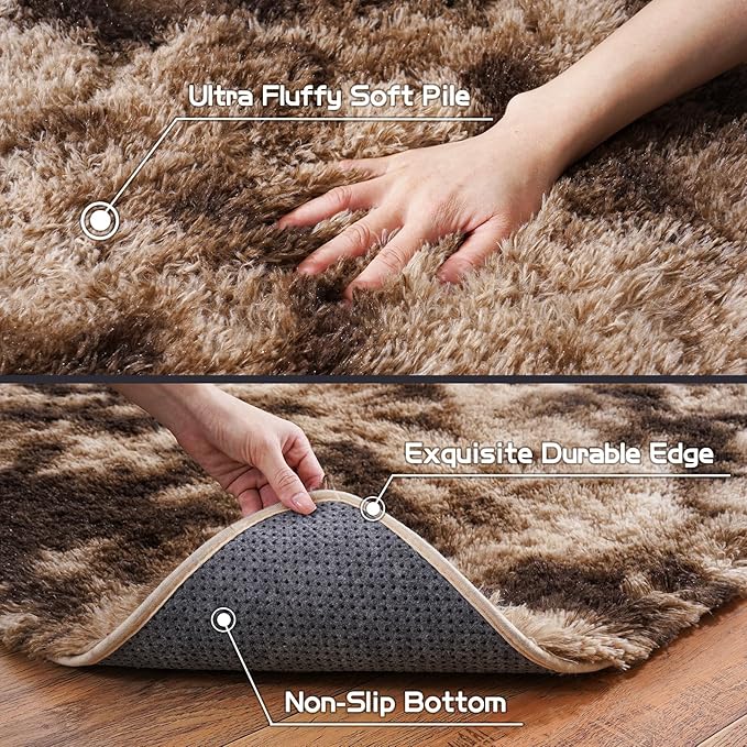 Pionblank 9x12 Area Rug, Large Area Rug for Living Room, Shag Rug for Bedroom Brown, Soft Furry Non Slip Carpet for Kids Room Nursery Teens Dorm Home Decor, Tie-Dyed Coffee