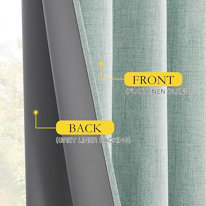 NICETOWN 100% Absolutely Blackout Linen Curtains with Thermal Insulated Grey Liner, Seafoam Green, 52 inches Wide, 48 inches Length Energy Saving Curtains for Laundry 2 Panels Set, Vertical Blinds