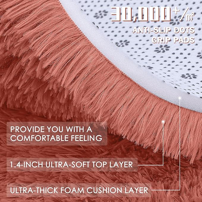 OLANLY Rust Red Round Rugs for Bedroom - Machine Washable, 6 ft Circle Area Rugs for Living Room, Soft and Fluffy Shaggy Carpet for Teen Girl and Boys, Nursery Rooms, Dorms, Home Decor Aesthetic
