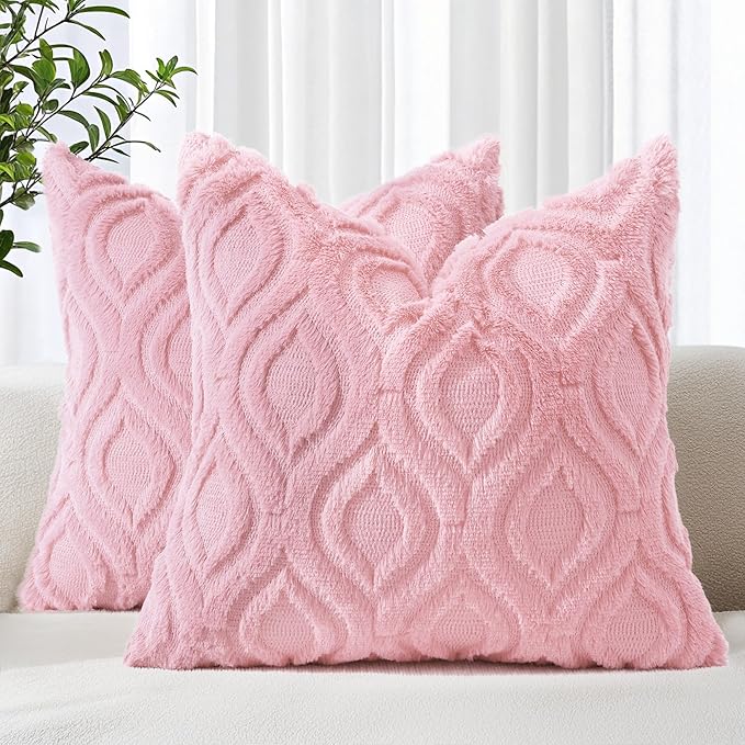 decorUhome Summer Throw Pillow Covers 18x18 Inch Set of 2, Soft Plush Faux Wool Light Pink Solid Couch Pillow Covers, Accent Farmhouse Neutral Square Pillow Cases for Sofa Bed Living Room