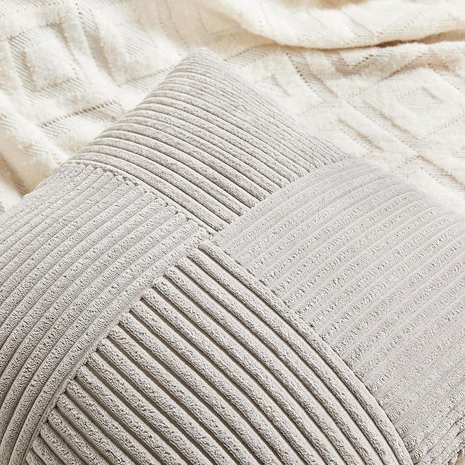 Fancy Homi 2 Packs Neutral Grey Lumbar Decorative Throw Pillow Covers 16x32 Inch for Living Room Couch Bed Sofa, Farmhouse Home Decor, Soft Striped Corduroy Rectangle Accent Cushion Case 40x80 cm