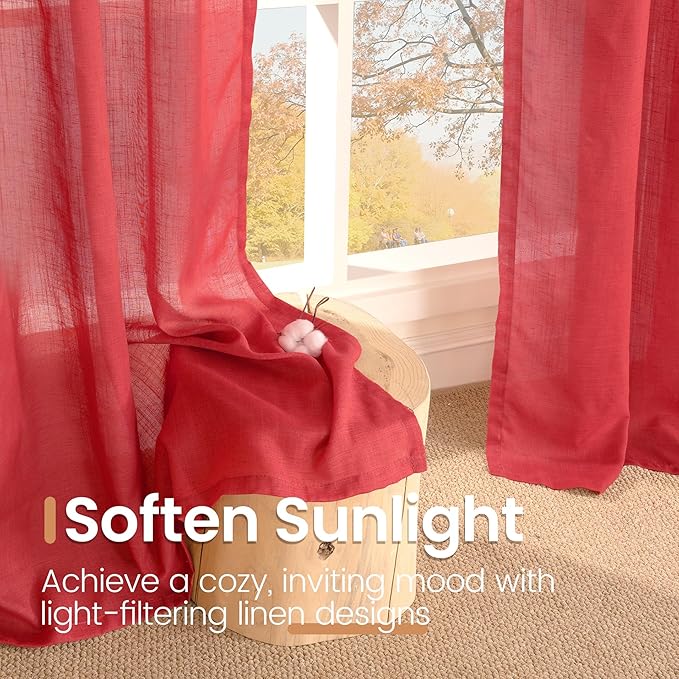 BGment Red Linen Semi Sheer Curtains for Living Room - Light Filtering Window Drapes with Rod Pocket for Dining Bedroom Lightweight, 2 Panels Set, 52 X 80 Inch