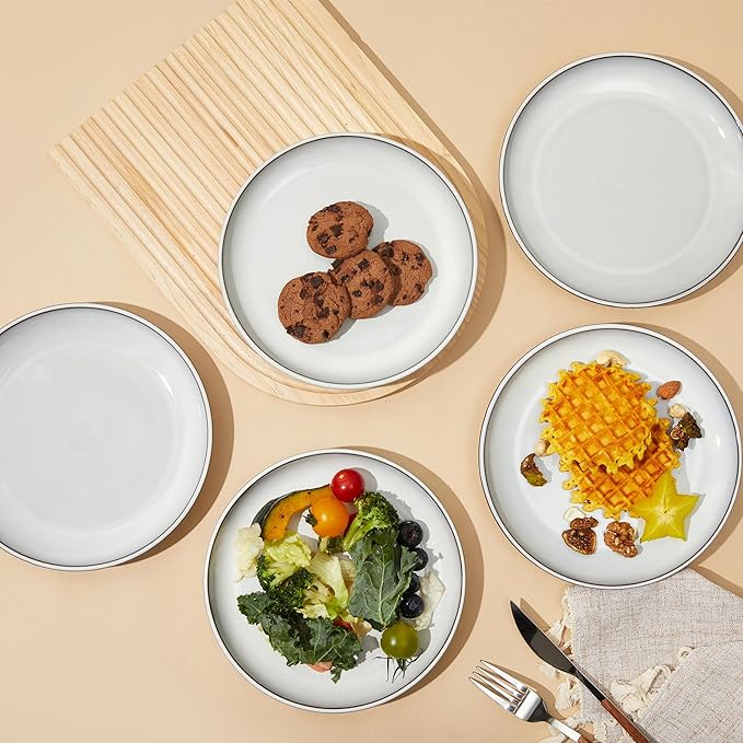 Salad Plates Set of 6, Microwave Safe Plates for Dessert, Appetizer, Scratch Resistant and Dishwasher Safe, Moonstone White