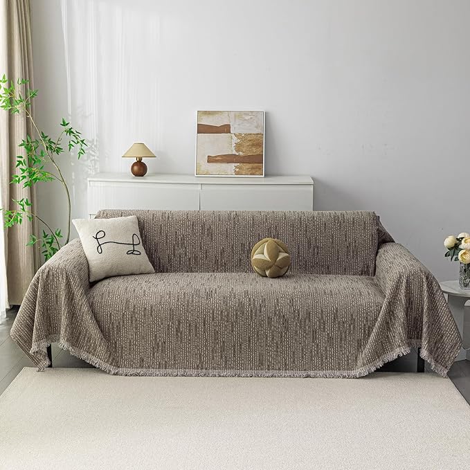 MYSKY HOME Loveseat Cover Sand Couch Cover Sectional Couch Covers for 2 Cushion Couch Sofa Thick Universal Chenille Sofa Cover with Tassel Durable Furniture Protector for Dogs 91" x 118"