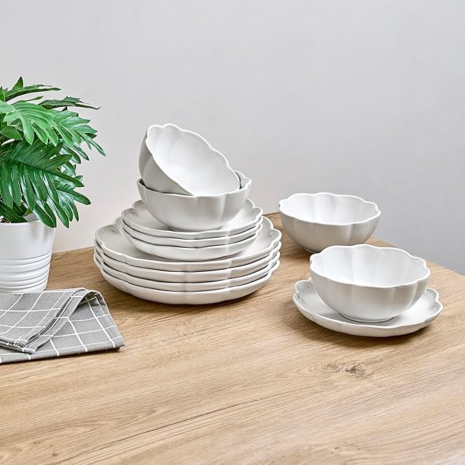 Sango 12 Pieces Scalloped Dinnerware Set, Modern White Dishes for 4, Premium Serving Plates & Bowls Sets, Chip & Scratch Resistant, Ceramic Dishware, Kitchen Dish, Microwave & Dishwasher Safe, Bethany