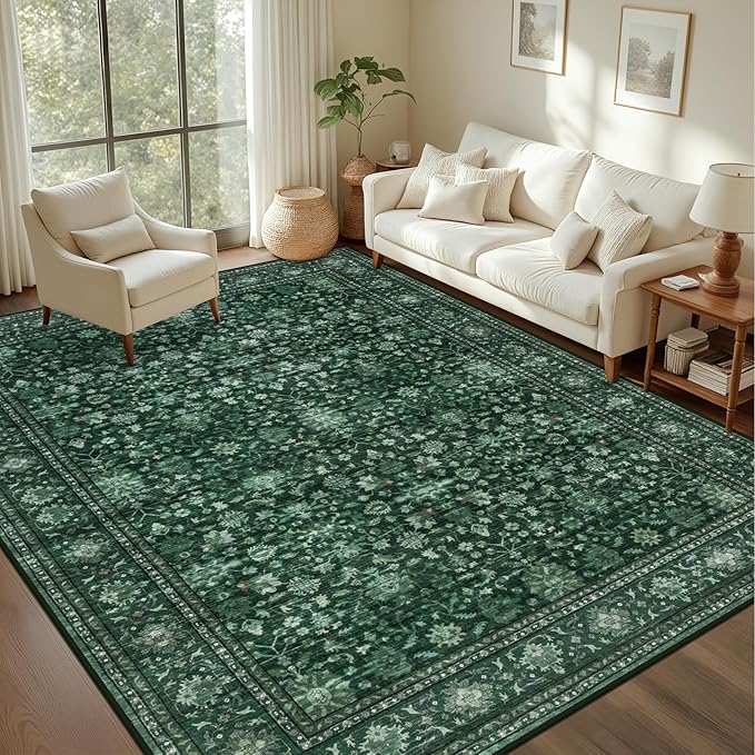 8x10 Area Rugs for Living Room: Washable Rug Soft Vintage Distressed Floral Carpet Indoor Non-Slip Stain Resistant Large Carpets for Bedroom Dining Room Farmhouse Nursery Home Office Deep Green