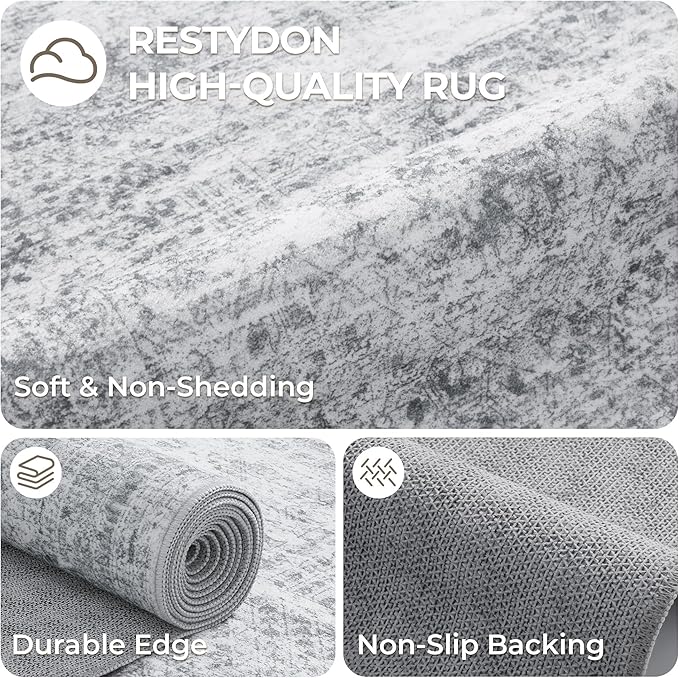 4x12 Runner Rug for Hallway, Low-Pile Wide Runner for Entryway, Long Washable Non-Slip Kitchen Rug, Soft Modern Home Decor Mat for Living, Laundry Room(4'x12', Grey/Ivory)