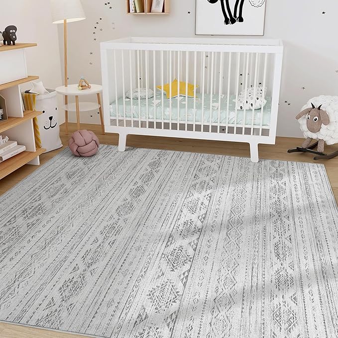 Nakagishi 7x9 Area Rug Living Room: Washable Boho Large Neutral Soft Farmhouse Modern Rugs Stain Resistant Moroccan Non-Slip Indoor Carpet for Bedroom Nursery Kids Office Dining Room- Dark Grey