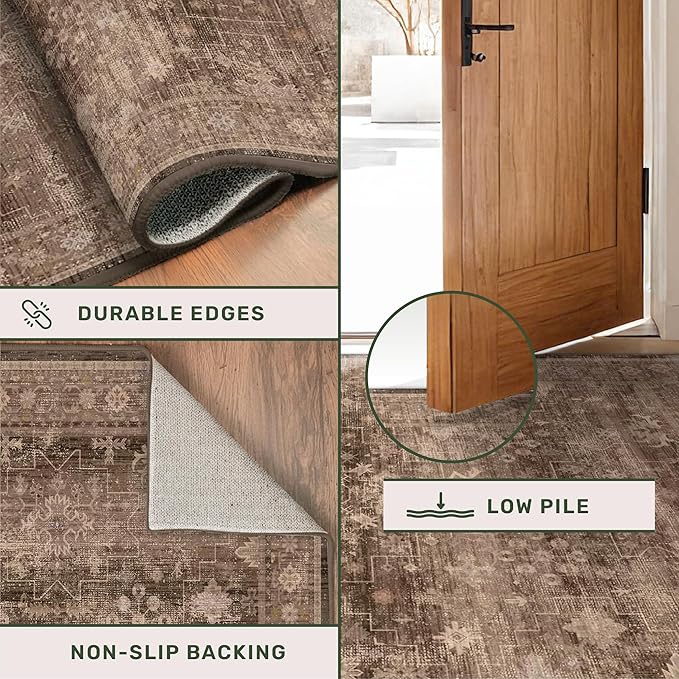 Hazo Haus Taupe Brown 5x8 Rug for Living Room - Vintage Traditional Dark Neutral Geometric, Washable Foldable Non-Slip Area Rugs for Dining Under Table, Home Office, Guest Room