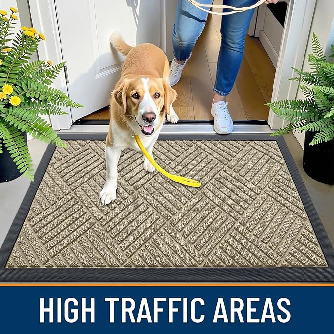 OLANLY Front Door Mat Outside Entrance 29.5x17, Absorbent, Heavy Duty Sturdy Natural Rubber Doormat Indoor Outdoor, Stain and Fade Resistant, Non-Slip Low Profile Floor Mat for Entryway, Beige Diamond