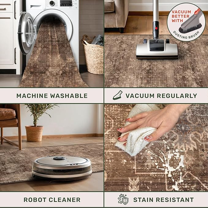Hazo Haus Taupe Brown 5x8 Rug for Living Room - Vintage Traditional Dark Neutral Geometric, Washable Foldable Non-Slip Area Rugs for Dining Under Table, Home Office, Guest Room
