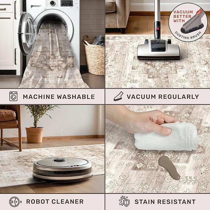 Hazo Haus Washable Neutral Farmhouse Bedroom Rug, 5x7 Area Rugs for Living Room, Nursery Room, Boho Vintage Floral Non-Slip Rug Low Pile Stain Resistant (5x7 Beige/Latte)