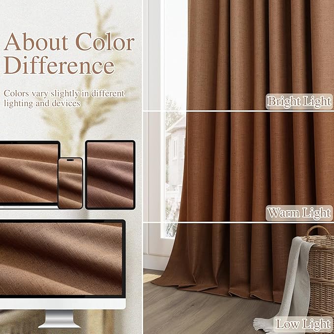 Guken 100% Blackout Linen Curtains 84 Inch Length 2 Panels Set for Living Room Bedroom Back Tab Thermal Insulated Black Out Linen Drapes Room Darkening Window Curtains 84 Inches Long,Caramel Brown