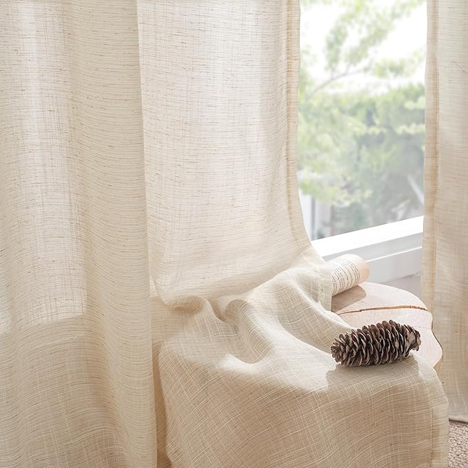 BGment Natural Linen Curtains 63 Inches Long for Bedroom Windows, Sheer Drapes Lightweight Rustic Country Textured for Farmhouse Living Room Decor Rod Pocket, 2 Panels Set, Each 42 Inch Wide