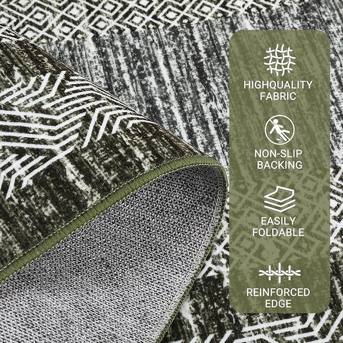 GarveeHome 8x10 Large Washable Area Rug Modern Bordered Rug Distressed Geometric Floor Carpet, Soft Non Slip Rug, Low Pile Non Shedding Rug, Indoor Green Rug for Bedroom, Living Room