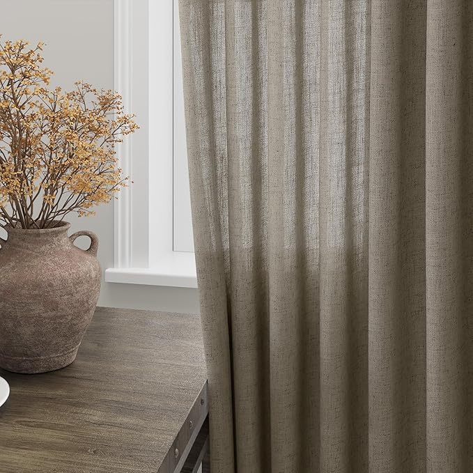 Mocha Linen Curtains 96 Inches Long for Living Room Rod Back Tab Vintage Rustic Farmhouse Light Filtering Curtain Burlap Textured Linen Drapes 96 Inch Length for Dinning Room Bedroom 52x96 8 FT