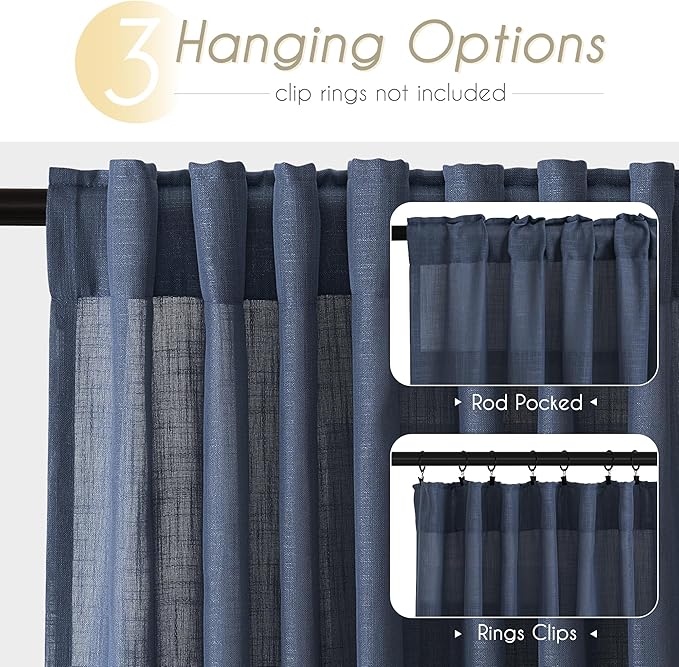 Navy Blue Curtains 96 inch Length for Bedroom Back Tab Light Filtering Semi Sheer Blue Living Room Curtains Linen Cotton Textured Indigo Blue Drapery Panel Modern Aesthetic Decor 60" Wx96 L
