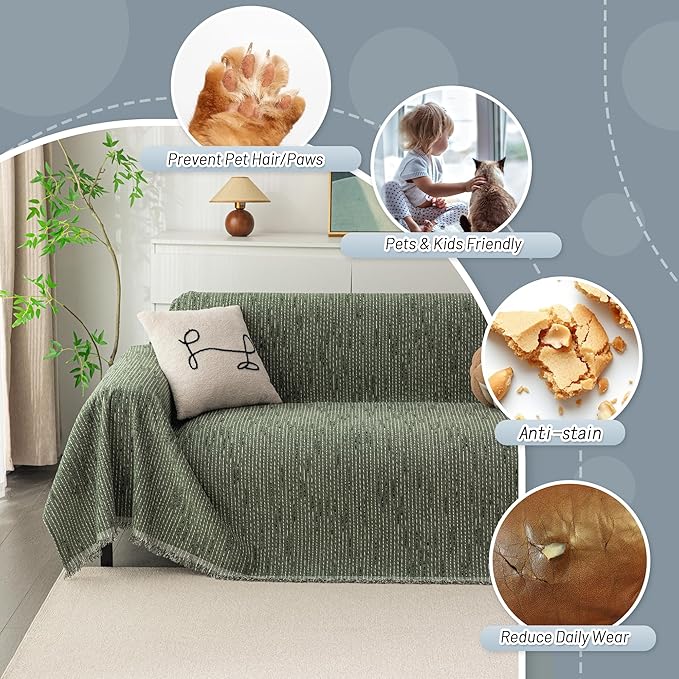 MYSKY HOME Boho Couch Cover Moss Green Sofa Covers with Tassel Farmhouse Sofa Slipcover Simple Couch Protector for Dogs Chenille Sectional Couch Covers L Shaped Couch Cushion Covers, 91"x 134"