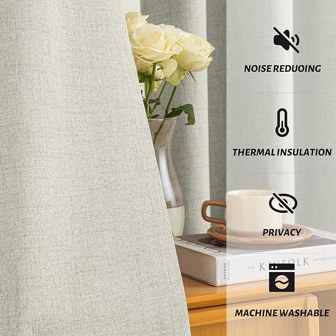Yakamok Cream Linen Curtains 100% Blackout 72 Inches Long,Room Darkening Textured Curtain for Living Room Thermal Grommet Bedroom Curtains 2 Panels with Greyish White Liner