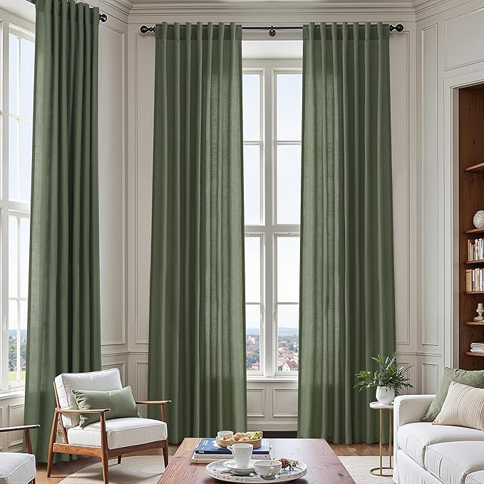 Nanspring Olive Green Linen Blend Semi Sheer Curtains 108 Inches Long by 70 Inches Wide, 2 Panel Set Back Tab Privacy Filtered and Breathable Extended Curtain for Bedroom Living Room 70x108