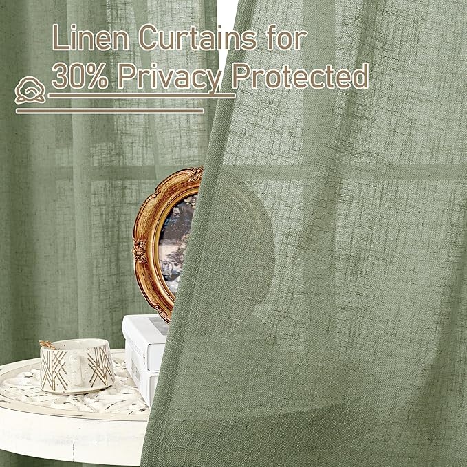 LAMIT Linen Curtains 108 Inches Long for Living Room, Bronze Grommet Linen Textured Sheer Curtains Light Filtering Drapes for Boho Farmhouse, 2 Panels, 52 x 108 Inch, Sage Green