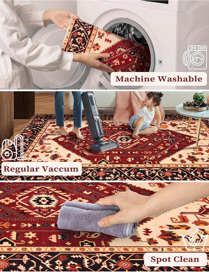 SERISSA Boho Washable Runner Rug, 2x6 Rug Runner Non-Slip Vintage Red Black Hallway Kitchen Runner Rug Ultra Soft Print Distressed Floor Carpet Runner for Bedroom Bathroom Laundry Living Room