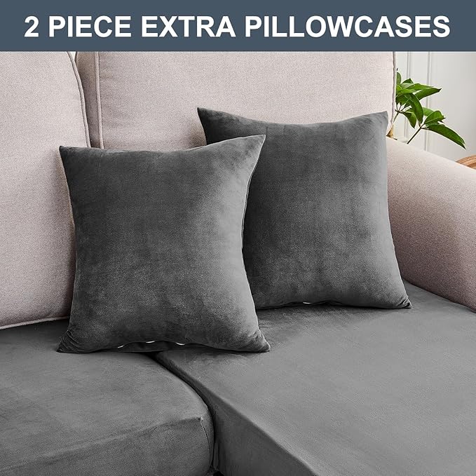 Couch Cover 8-Piece Elastic Velvet Couch Cushion Covers & Chaise Slipcovers for L-Shaped Sofas - Sofa Seat Covers Washable, Soft Protector for Couches (7 Seater + Chaise, Grey)