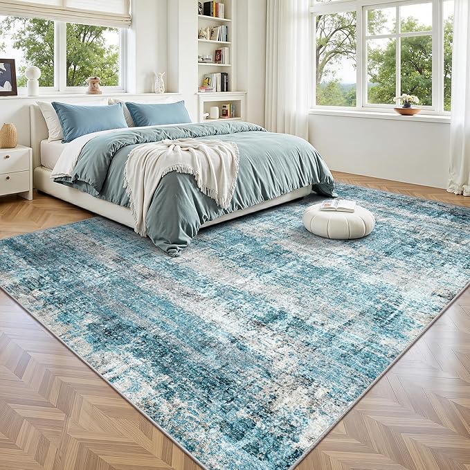 LEPEII 5x7 Area Rugs, Abstract Rugs for Living Room, Indoor Non-Slip Washable Rug for Bedroom, Dining Room, Low Pile Home Decor Neutral Area Rug-Blue