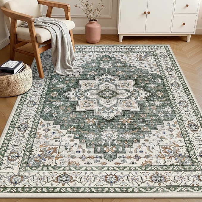 6x9 Area Rugs Living Room Rug: Washable Vintage Boho Medallion Rug No Slip Stain Resistant Soft Carpet Indoor Large Carpets for Bedroom Dining Room Farmhouse Nursery Hallway Home Office Green Ivory