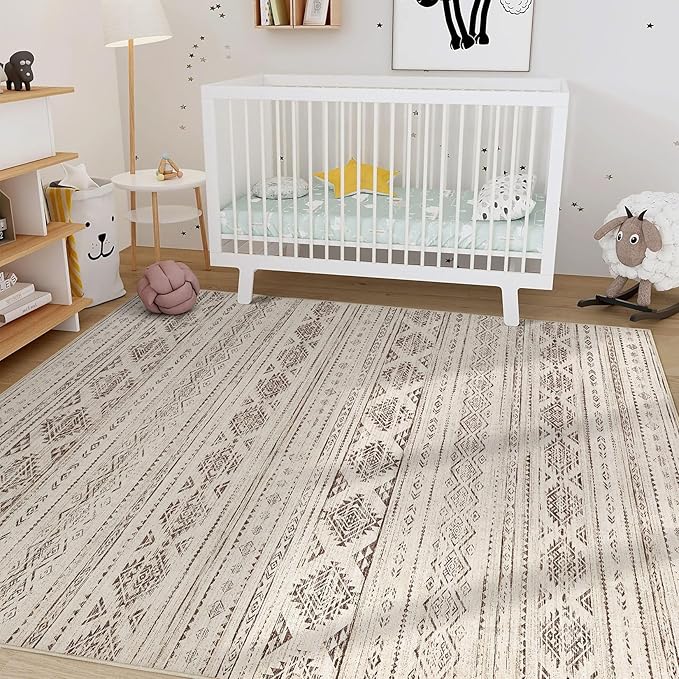 Nakagishi Area Rug Living Room Rugs: 5x7 Washable Boho Large Neutral Farmhouse Soft Moroccan Stain Resistant Indoor Carpet for Bedroom Nursery Kids Office Dining Room Home House Decor - Dark Brown