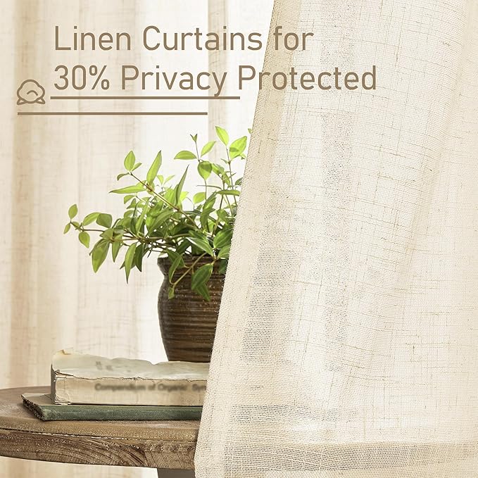 LAMIT Small Kitchen Linen Curtains 24 Inch Length 2 Panels, Beige Light Filtering Panels Back Tab and Rod Pocket Neutral Drapes for Bathroom/Small Windows, 34 x 24 Inch