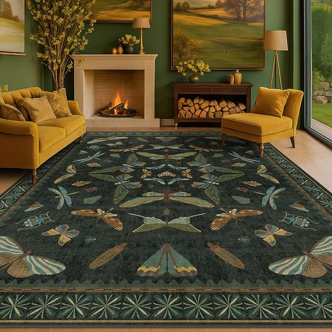 Hazo Haus 7x9 Insect Dark Green Rugs for Living Room, Boho & Forest Design Area Rug for Dining Room Under Table, Bedroom, Unique Washable Floral Non Slip Low Pile Soft Rug