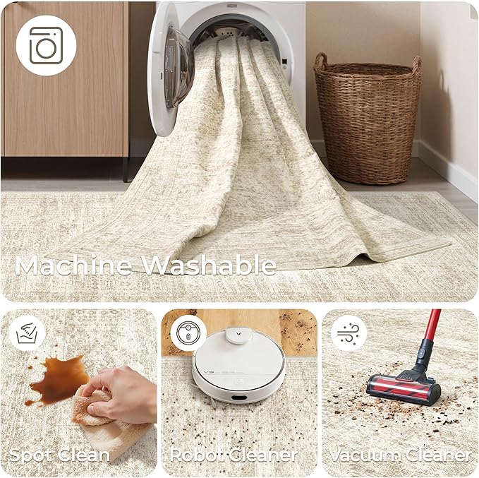 Washable Runner Rugs for Bedroom - 2x6 Runner Rug Non Slip, Ultra-Thin Entryway Runner, Soft Abstract Kitchen Runner for Hallway, Laundry, Bathroom, Indoor Door Mat(2'x6', Beige/Ivory)