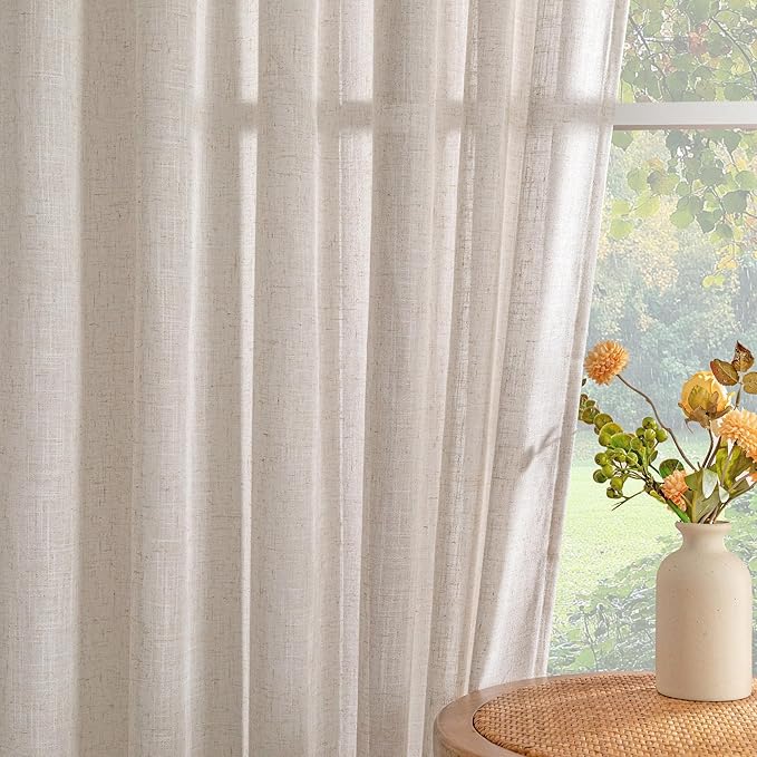 MYSKY HOME Natural Linen Curtains for Bedroom Living Room, Semi Sheer Curtains & Drapes 84 inches Length Farmhouse Country Style Back Tab Draperies for Sliding Glass Door, 100" Wide, 1 Panel