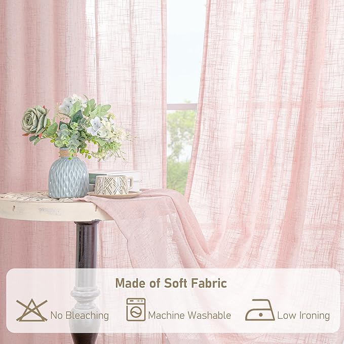 LAMIT Linen Curtains for Living Room 84 inch Length 2 Panels, Light Filtering Semi Sheer Drapes Back Tab and Rod Pocket Farmhouse Panels for Kids Bedroom/Girls Room, Pink, 52 x 84 Inch