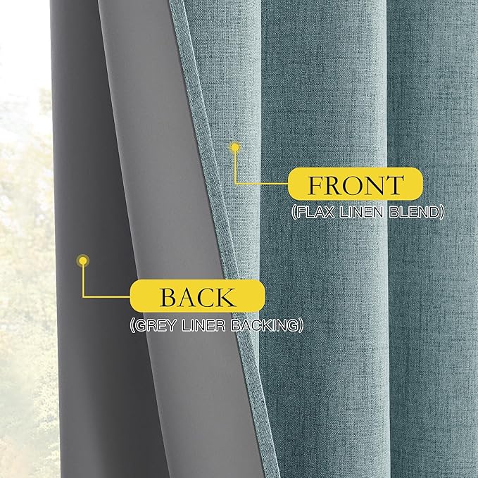 NICETOWN 100% Absolutely Blackout Linen Curtains with Thermal Insulated Liner, Skylark Blue, 62" Wide, 120" Length Energy Saving Curtains for Living Room 2 Panels Set, Vertical Blinds