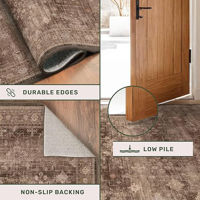 Hazo Haus Gold Brown 8x12 Big Rugs for Living Room - Non Slip Washable Vintage Area Rug for Dining Room Under Table, Geometric Floral & Low Pile Boho Bedroom Decor
