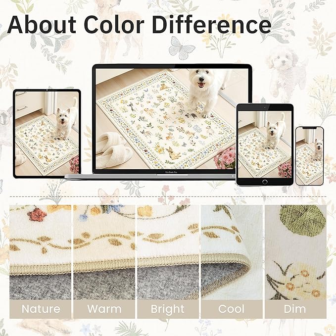 Soalmost Dog 9x12 Area Rugs for Living Room, Machine Washable Animal Floral Vintage Rug Non-Slip Low Pile Soft Throw Large Rugs for Bedroom Dining Room Kitchen Nursery Playroom (9 x 12,Beige)