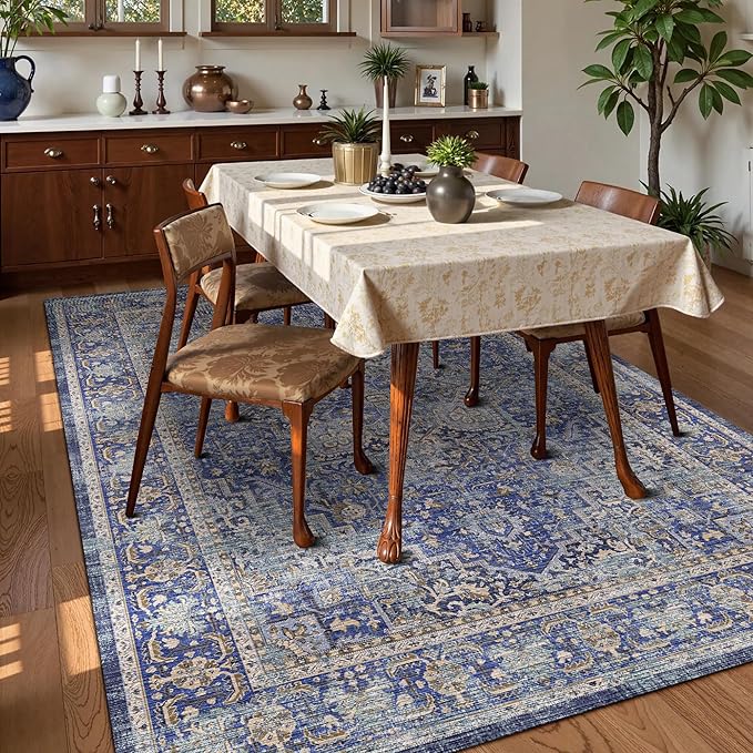 Washable Area Rug 9' x 12' Vintage Traditional Persian Mat - Foldable Distressed Non-Slip Machine Washable Carpet for Living Room Bedroom Kitchen Home Decor - Indigo and Gold