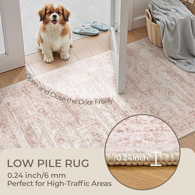 Long Bathroom Rugs Runner - Washable Runner Rugs for Hallway 2x10, Ultra-Thin Soft Kitchen Carpet Runner, Anti Slip Backing Runner Rugs for Entrance, Bedroom, Living Room(2'x10', Pink/Ivory)