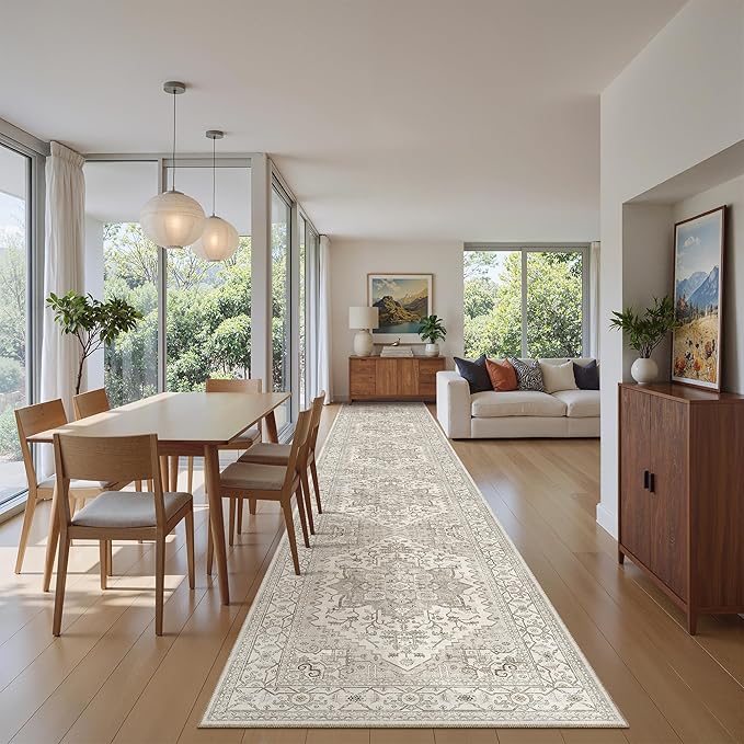 Madane Hallway Runner Rug 2'6''x16' Kitchen Runner - Non Slip Vintage Runners for Hallways Washable Kitchen Rugs Soft Low Pile 2.5x16 ft Rug Runners for Laundry Room, Entryway and Bedroom, Beige/Brown