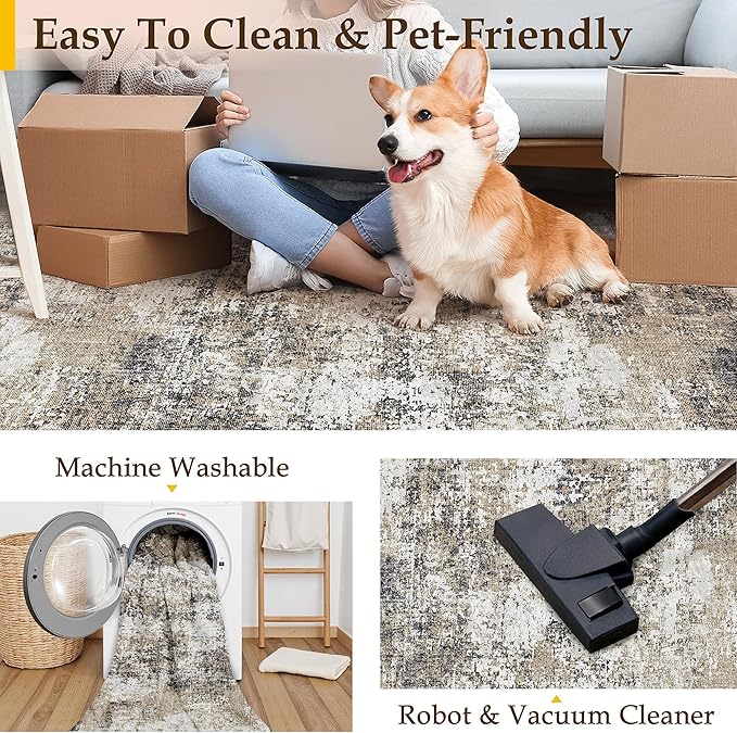 2x6 Abstract Runner Rug Brown Washable Modern Hallway Carpet Non Slip Ultra Soft Neutral Low Pile Contemporary Long Rug for Bathroom Laundry Kitchen Bedroom