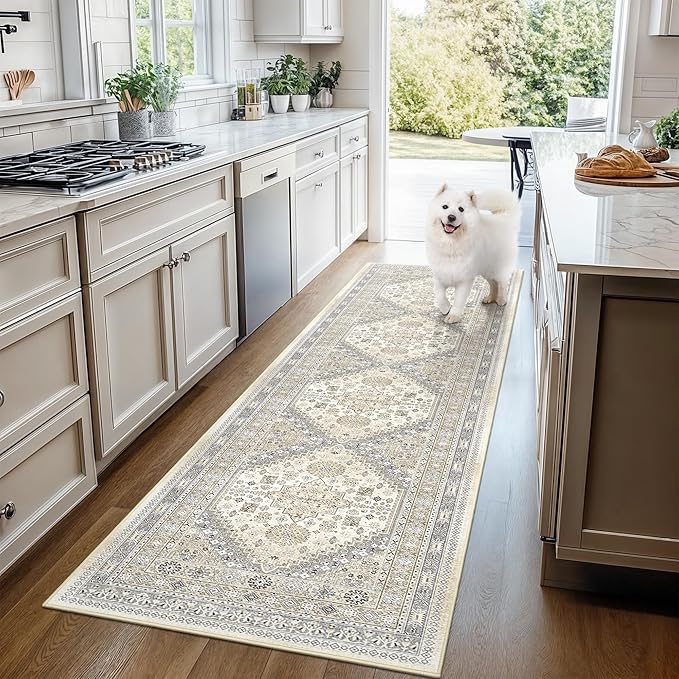 Hallway Runner Rug 2x12, Extra Long Washable Runner Rugs with Rubber Backing, Non Slip Runner, Vintage Rug Runners for Kitchen Laundry Room Entryway (Beige,2'x12')