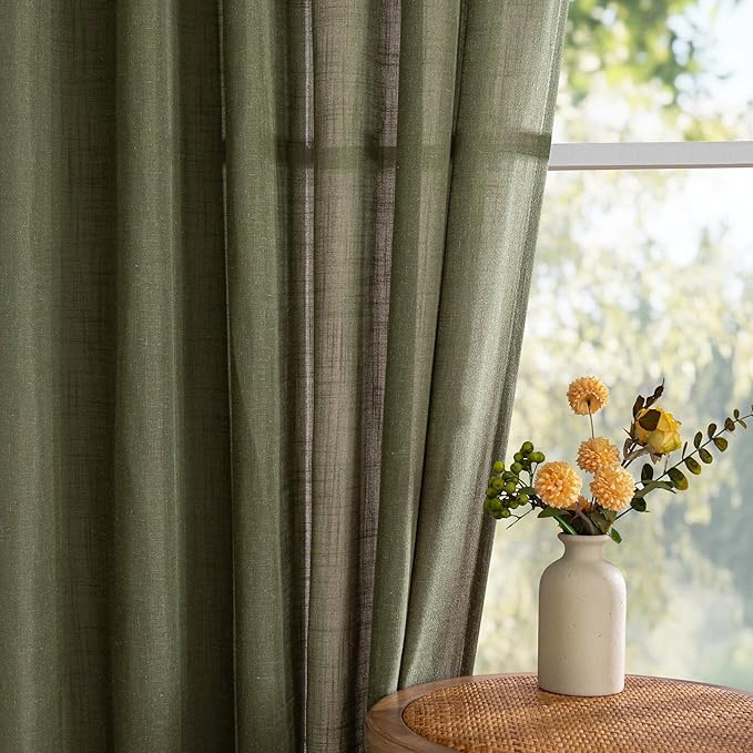 MYSKY HOME 95 Inch Semi Sheer Sliding Door Curtains Farmhouse Light Filtering Window Curtain Drapes for Patio Living Room, Linen Look Texture Fabric Bohemian Draperies, 50x95, Olive Green, 2 Panels