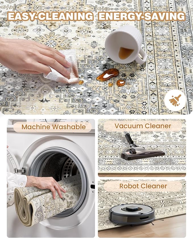 Washable Runner Rug 2.5x16, Non-Slip Long Kitchen Mats for Floor, Vintage Rug for Entryway, Soft Hallway Runner for Dining Room, Bedroom, Living Room(Beige,2.5'x16')