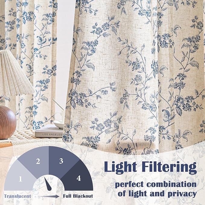 Lazzzy Blue Floral Linen Curtains 96 Inch Farmhouse Back Tab Drapes for Living Room Bedroom Light Filtering Vintage Grandmillennial Rod Pocket Curtains, 2 Panels, W38 x L96, Blue on Beige