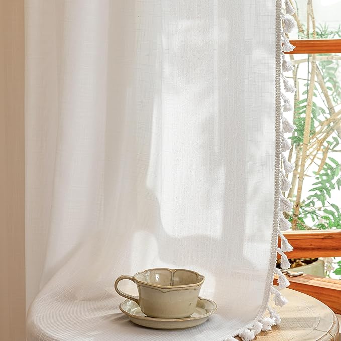 MYSKY HOME 84 inches Length White Curtains with Macrame for Living Room, Semi Sheer Farmhouse Style Light Filtering Back Tab Curtains for Sliding Glass Door, 50" Wide, Pure White，2 Panels
