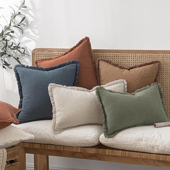 MIULEE Decorative Throw Pillow Covers Neutral Linen Fringe Throw Pillows Set of 2 Brown Boho Farmhouse Cushion Covers with Tassels for Couch Sofa Bed Living Room Spring Home Decor 18x18 Inch