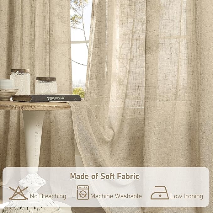 LAMIT 63 Inch Sheer Linen Window Curtains, Light Filtering Panels Back Tab and Rod Pocket Neutral Drapes for Bedroom/Living Room, Brown, 2 Panels, 34 x 63 Inch