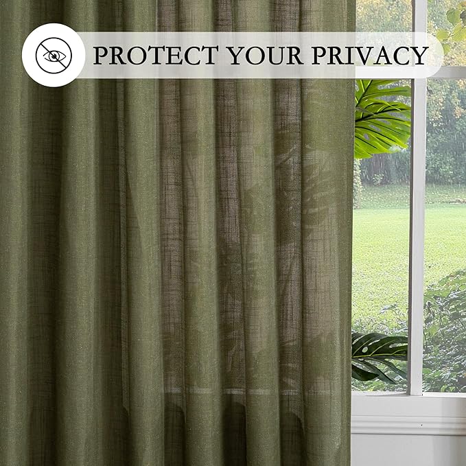 MYSKY HOME Curtains for Living Room 84 Inches Long Semi Sheer Light Filtering Privacy Drapes Linen Look Textured Boho Home Decor, Backdrop Curtain for Parties, 50" x 84", Olive Green, 2 Panels